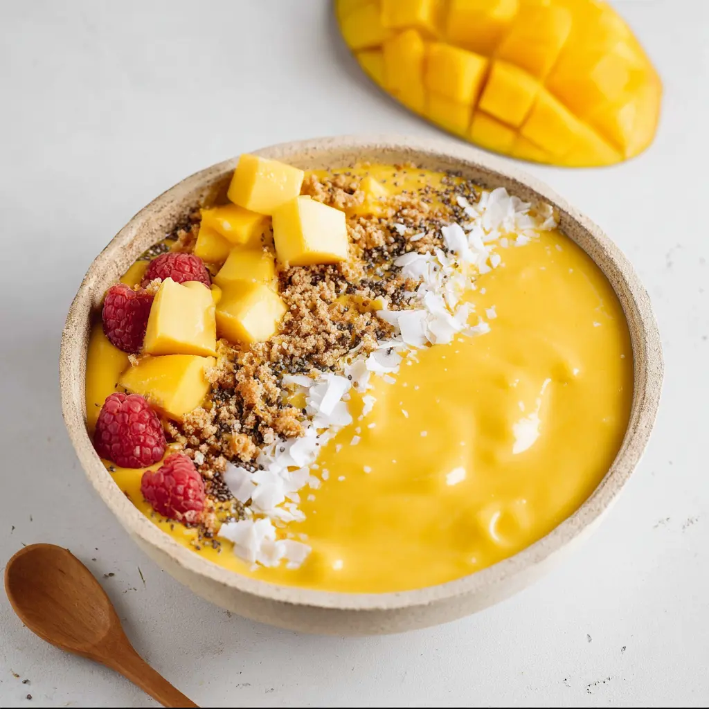 Mango Turmeric Smoothie Bowl recipe, served and ready to eat, easy homemade dish