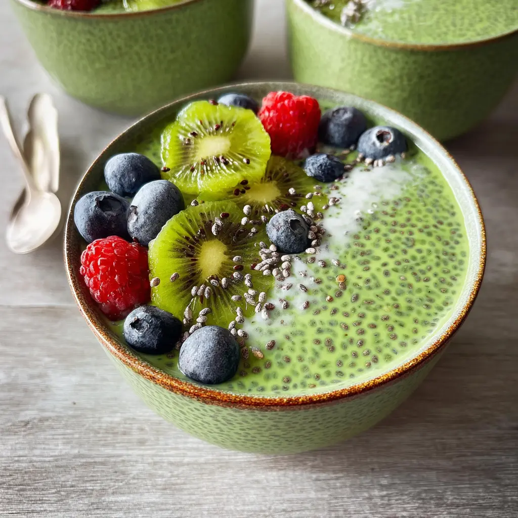 Matcha Chia Pudding recipe, served and ready to eat, easy homemade dish