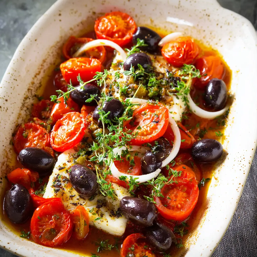 Mediterranean Baked Cod Olives Tomato recipe, served and ready to eat, easy homemade dish