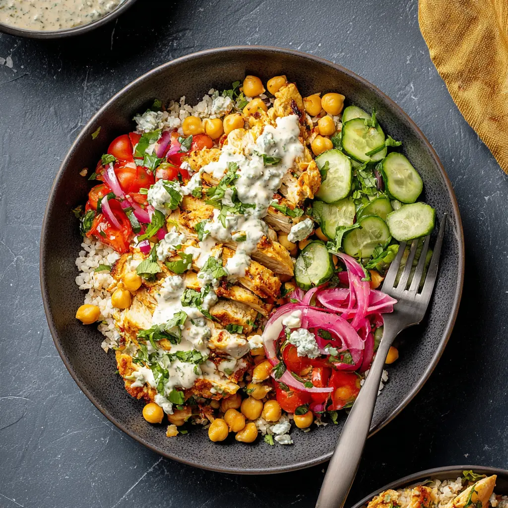 Mediterranean Chicken Grain Bowl Tahini recipe, served and ready to eat, easy homemade dish