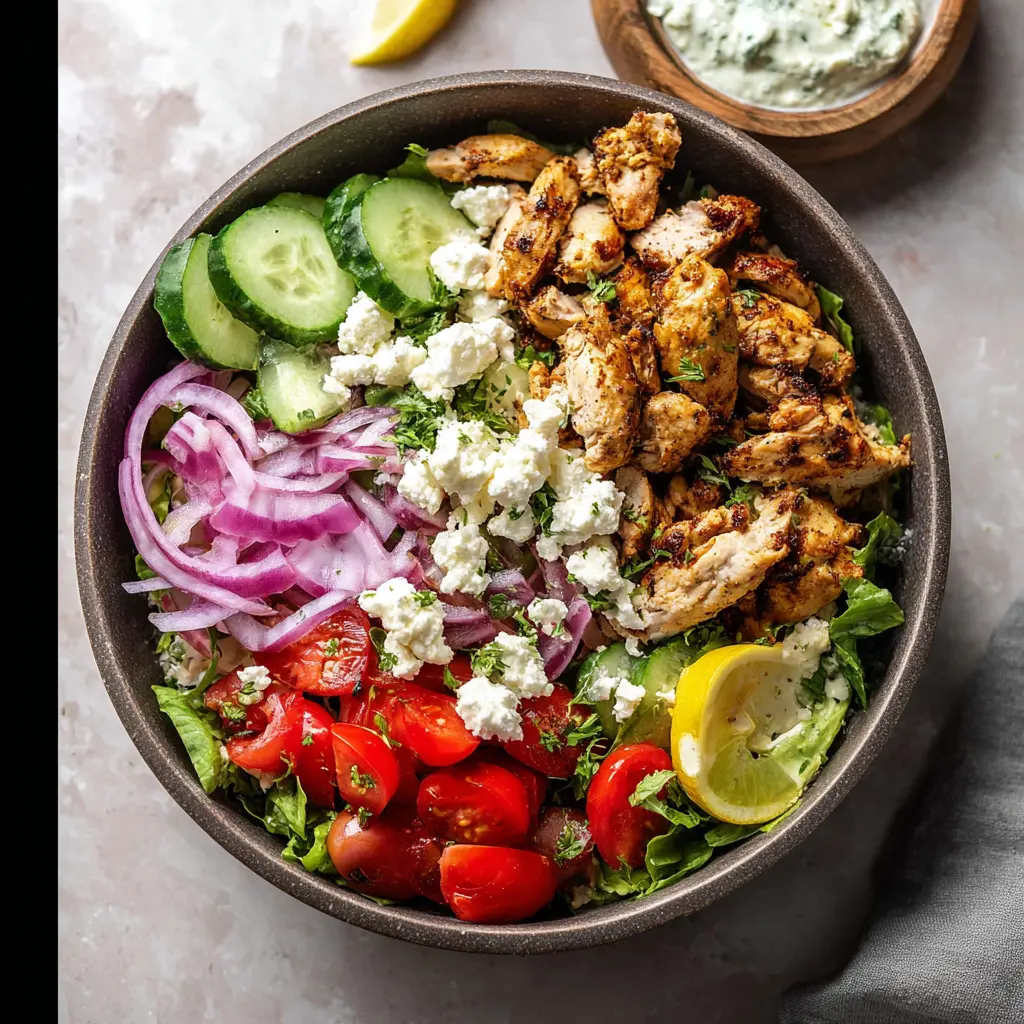 Mediterranean Chicken Gyro Bowl recipe, served and ready to eat, easy homemade dish