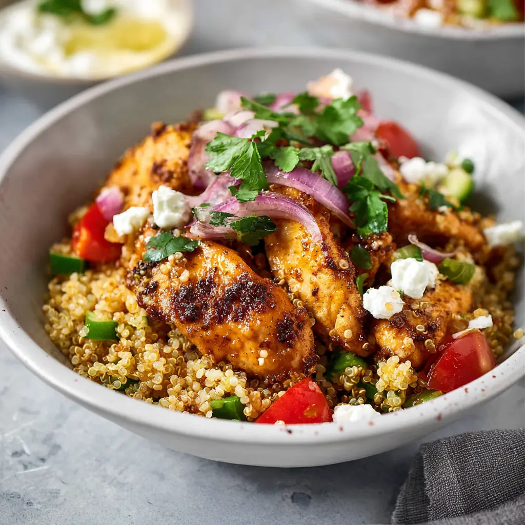 Mediterranean Chicken Quinoa recipe, served and ready to eat, easy homemade dish