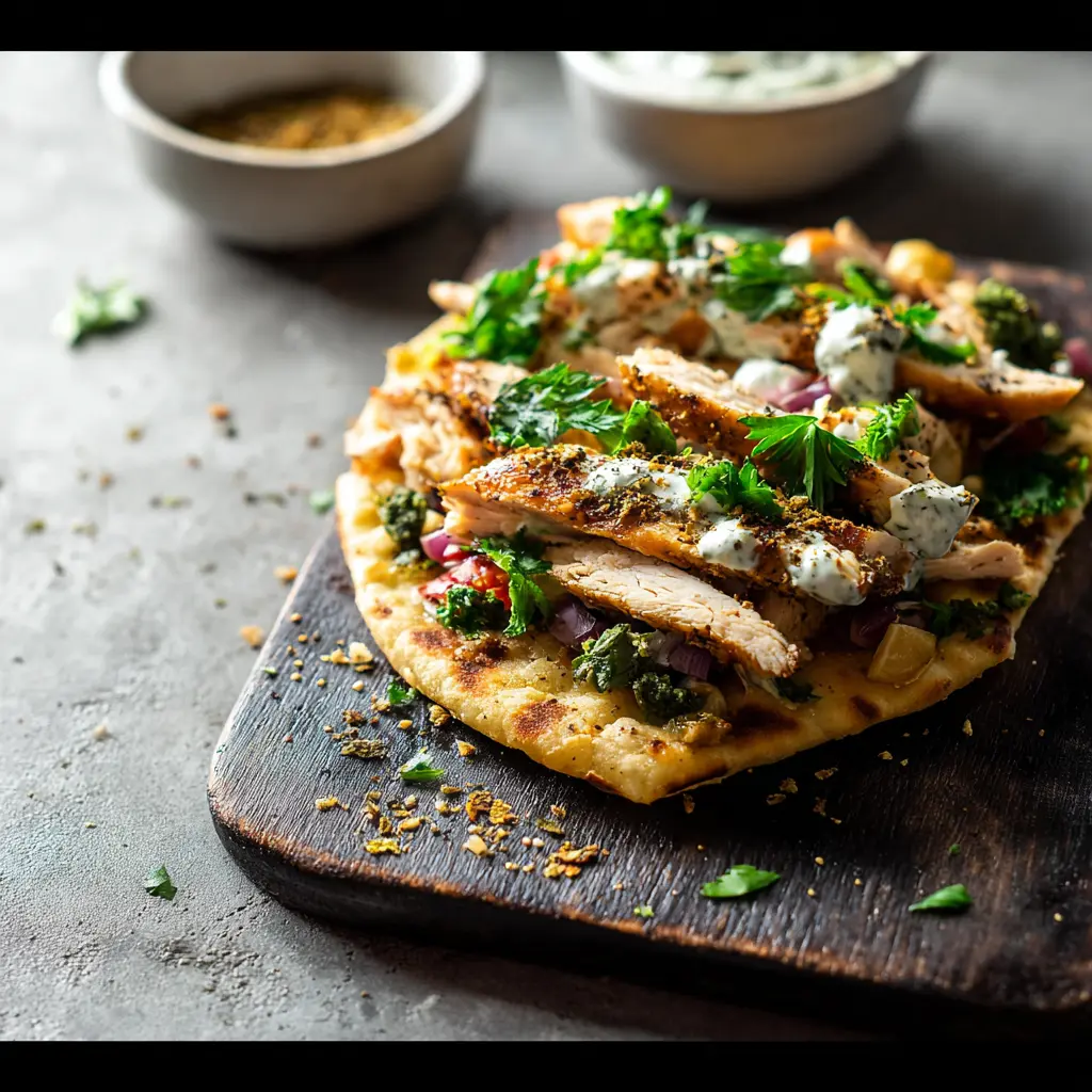 Mediterranean Hummus Chicken Flatbread recipe, served and ready to eat, easy homemade dish