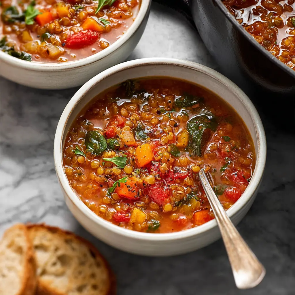 MEDITERRANEAN LENTIL SOUP HEARTY recipe, served and ready to eat, easy homemade dish