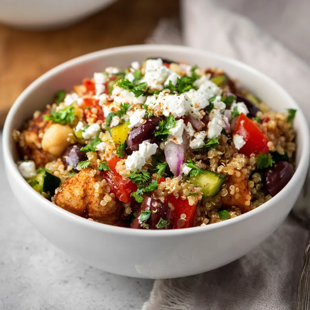 Mediterranean Quinoa Bowl recipe, served and ready to eat, easy homemade dish