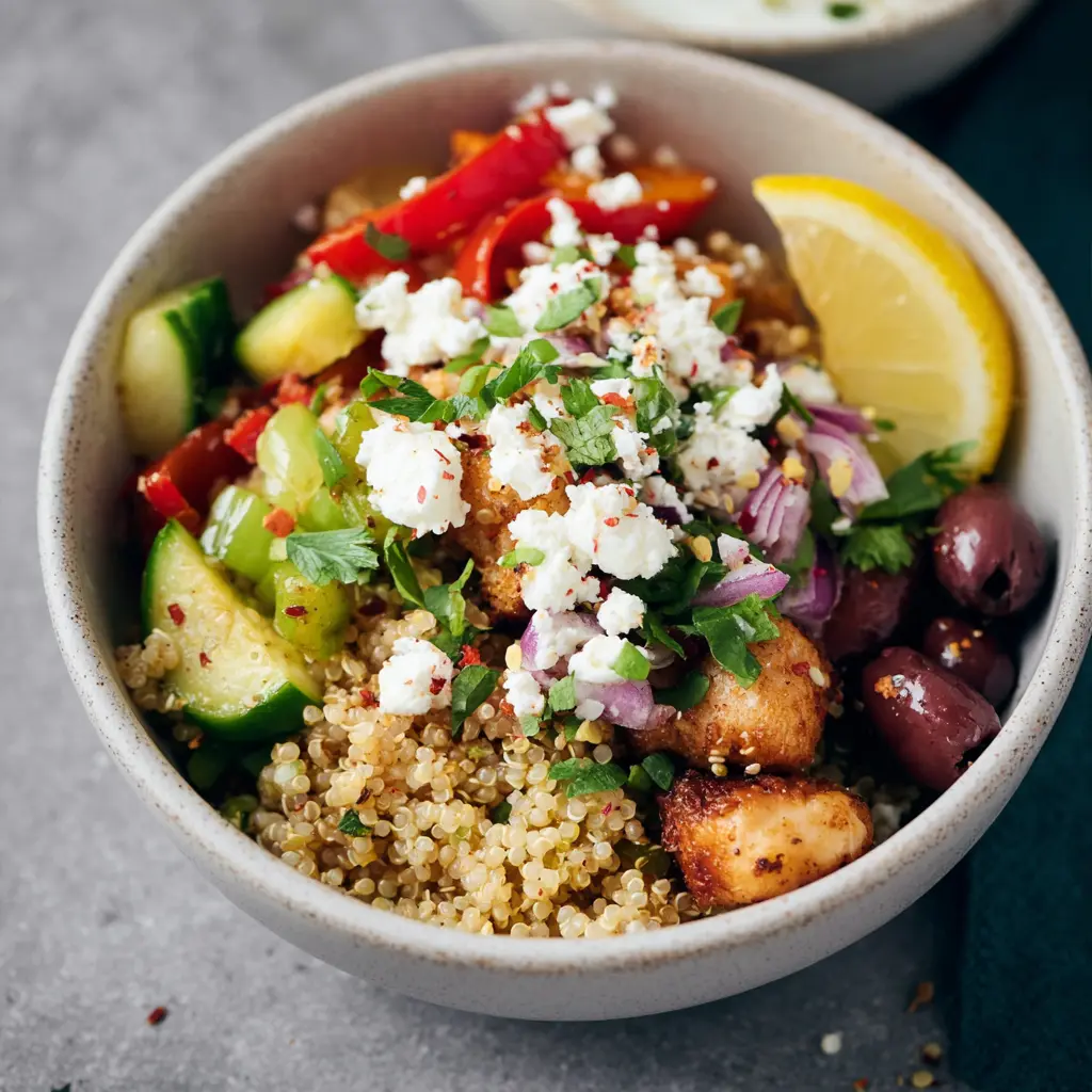 Mediterranean Quinoa Nourish Bowl recipe, served and ready to eat, easy homemade dish