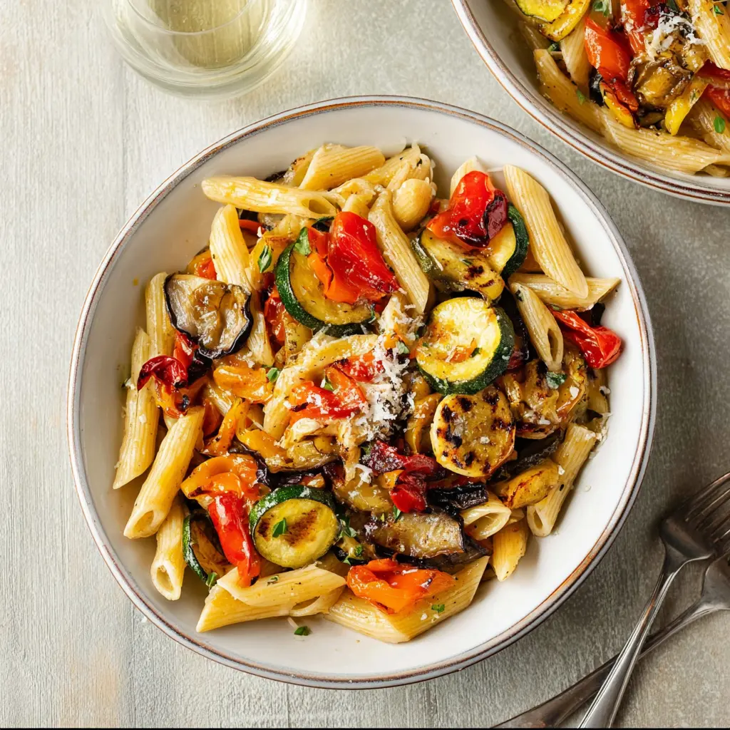 Mediterranean Roasted Vegetable Pasta recipe, served and ready to eat, easy homemade dish