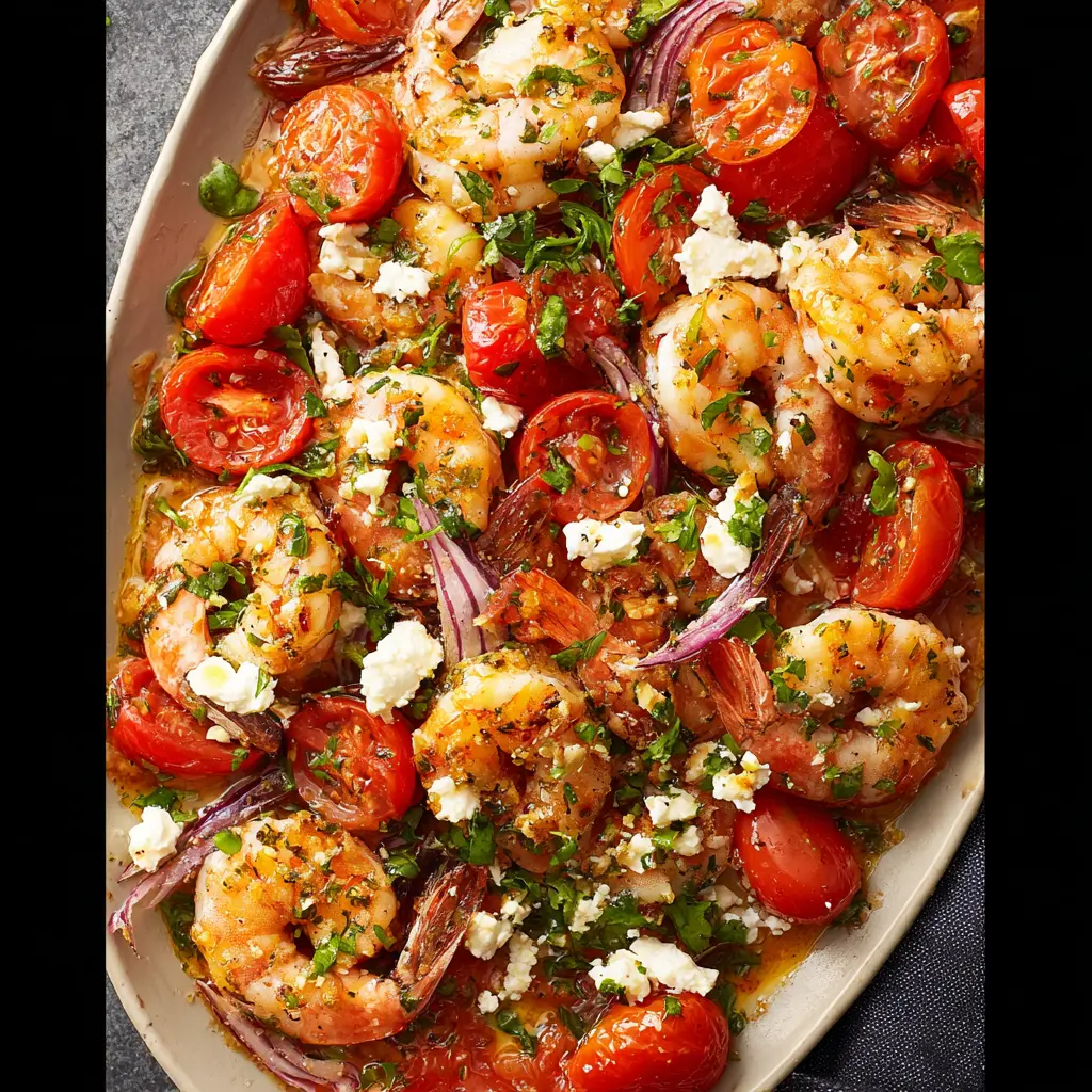 Mediterranean Shrimp Garlic Tomato Feta recipe, served and ready to eat, easy homemade dish