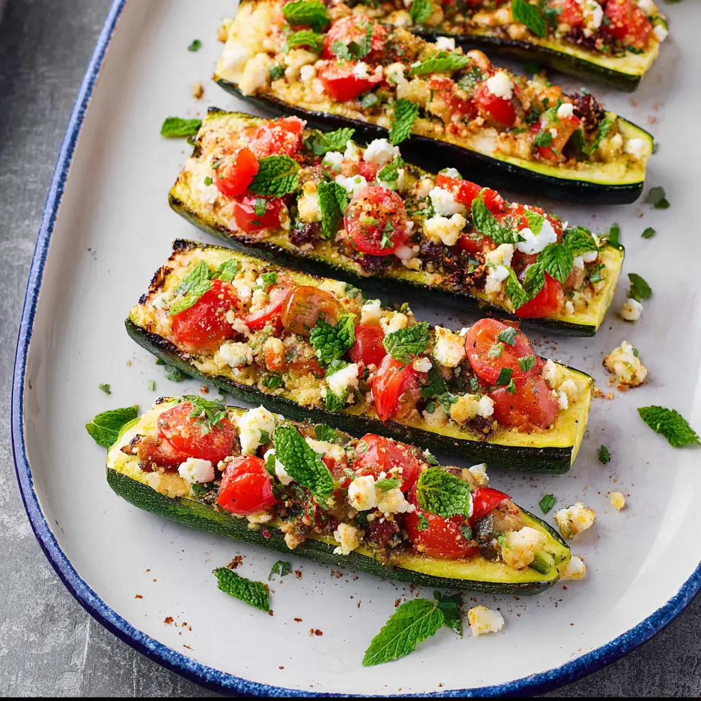 Mediterranean Stuffed Zucchini Boats recipe, served and ready to eat, easy homemade dish
