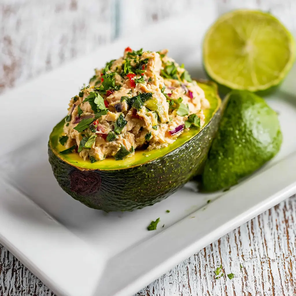 Mediterranean Tuna Stuffed Avocado recipe, served and ready to eat, easy homemade dish