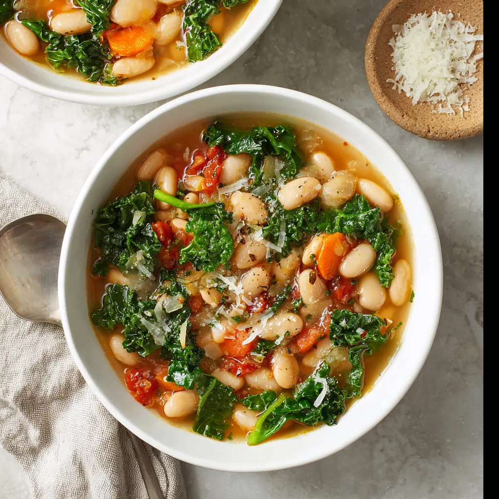 Mediterranean White Bean Kale Soup recipe, served and ready to eat, easy homemade dish