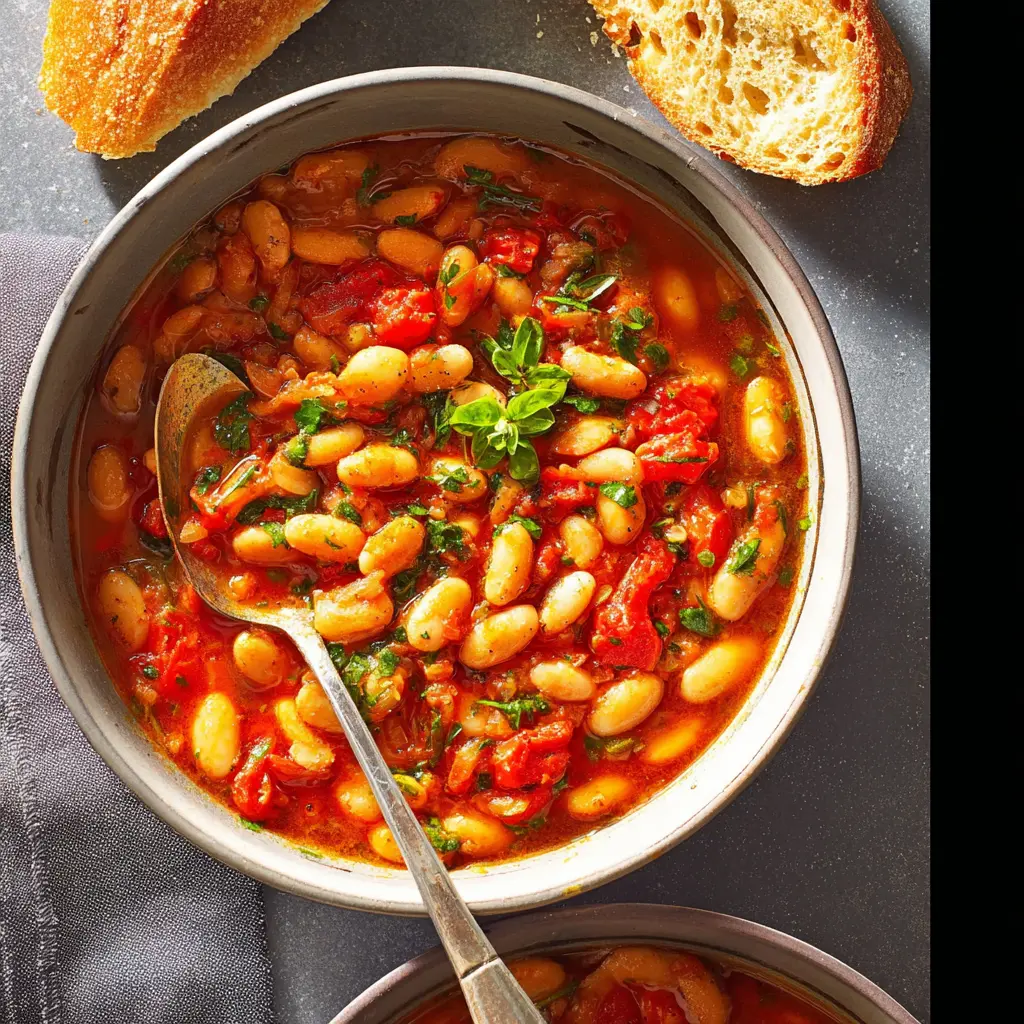 Mediterranean White Bean Tomato Stew recipe, served and ready to eat, easy homemade dish