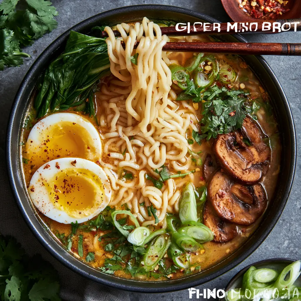 Miso Ginger Ramen Broth recipe, served and ready to eat, easy homemade dish