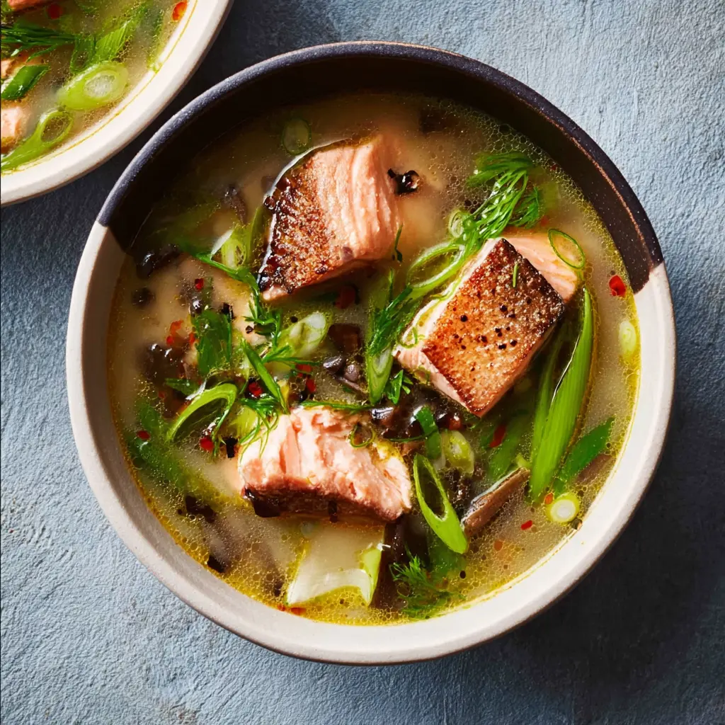 Miso Ginger Salmon Soup Cozy New Way to Make a Real Dinner 1 Miso Ginger Salmon Soup recipe, served and ready to eat, easy homemade dish