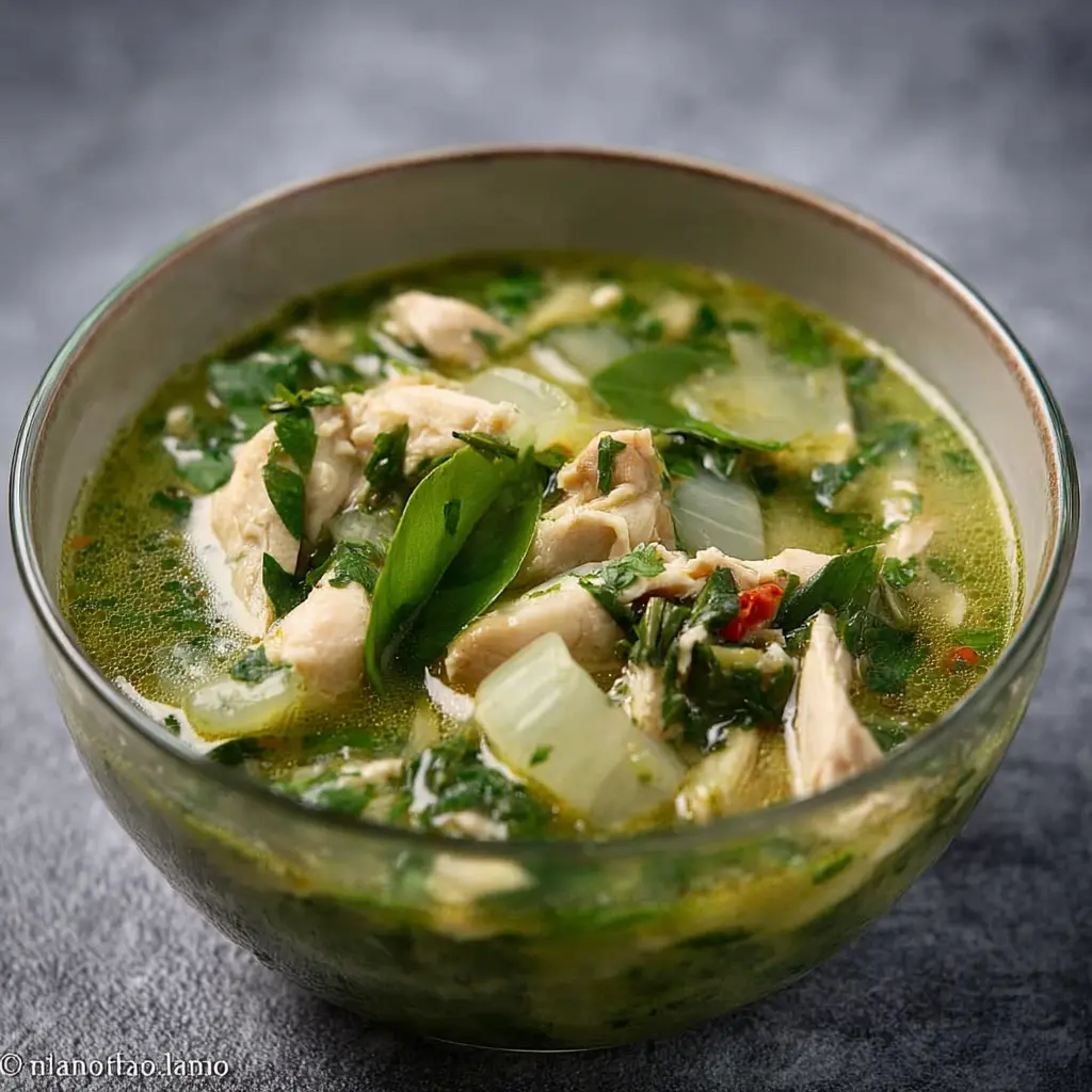Moringa Green Chicken Soup recipe, served and ready to eat, easy homemade dish