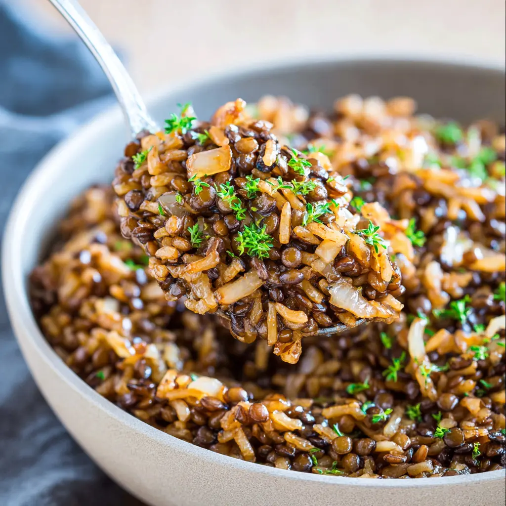 Mujaddara Lentil Onion Pilaf recipe, served and ready to eat, easy homemade dish