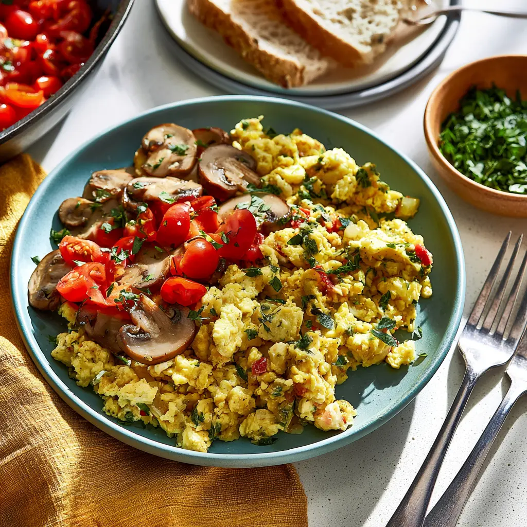 Mushroom Egg Scramble recipe, served and ready to eat, easy homemade dish