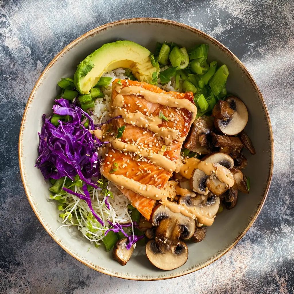 Vitamin D Mushroom Salmon Bowl Warm Satisfying Way to Make Real Nourishment 1 Mushroom Salmon Bowl recipe, served and ready to eat, easy homemade dish