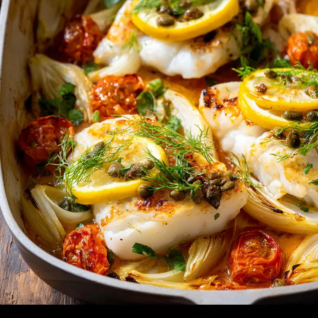 One Pan Cod Fennel recipe, served and ready to eat, easy homemade dish