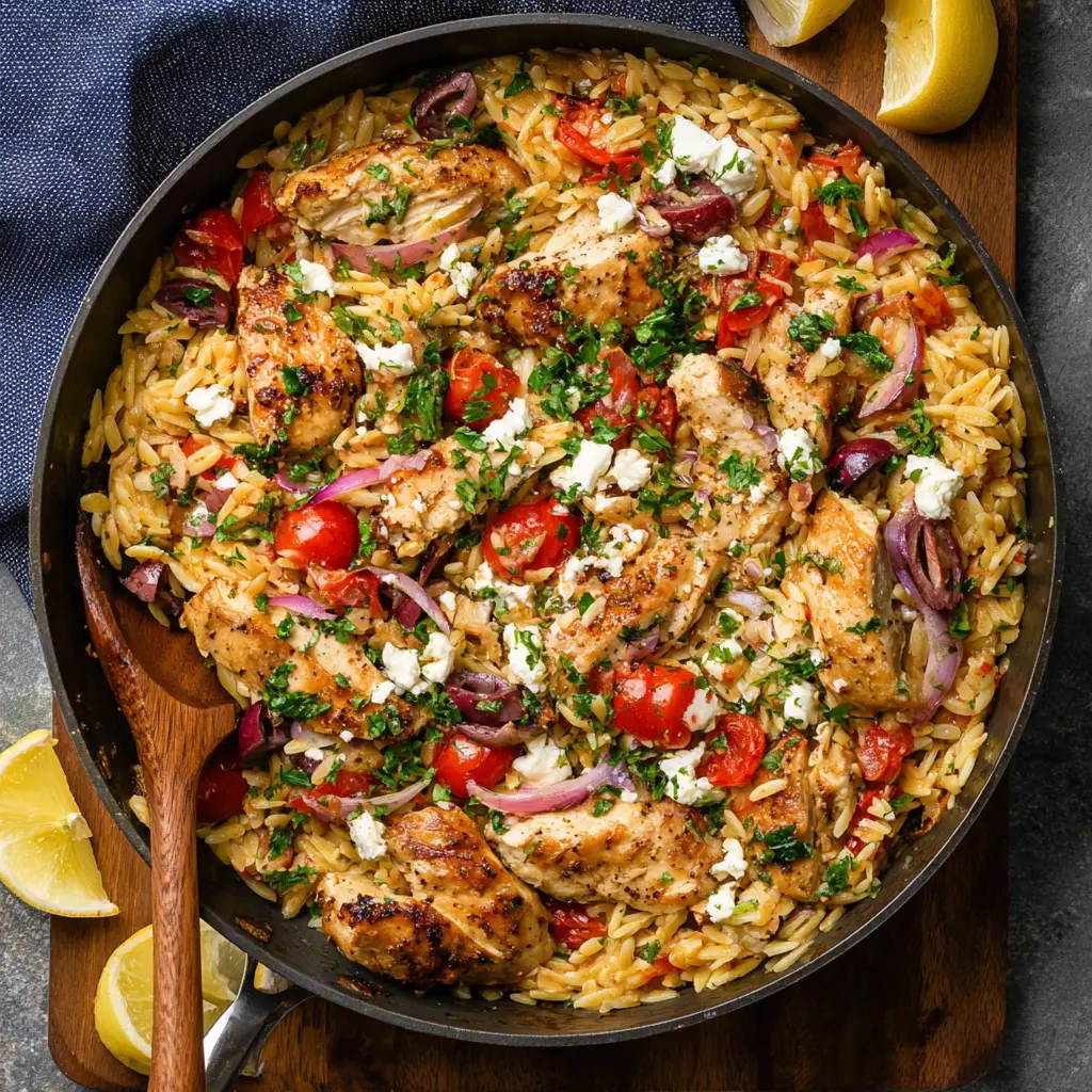 One Pan Mediterranean Chicken Orzo recipe, served and ready to eat, easy homemade dish