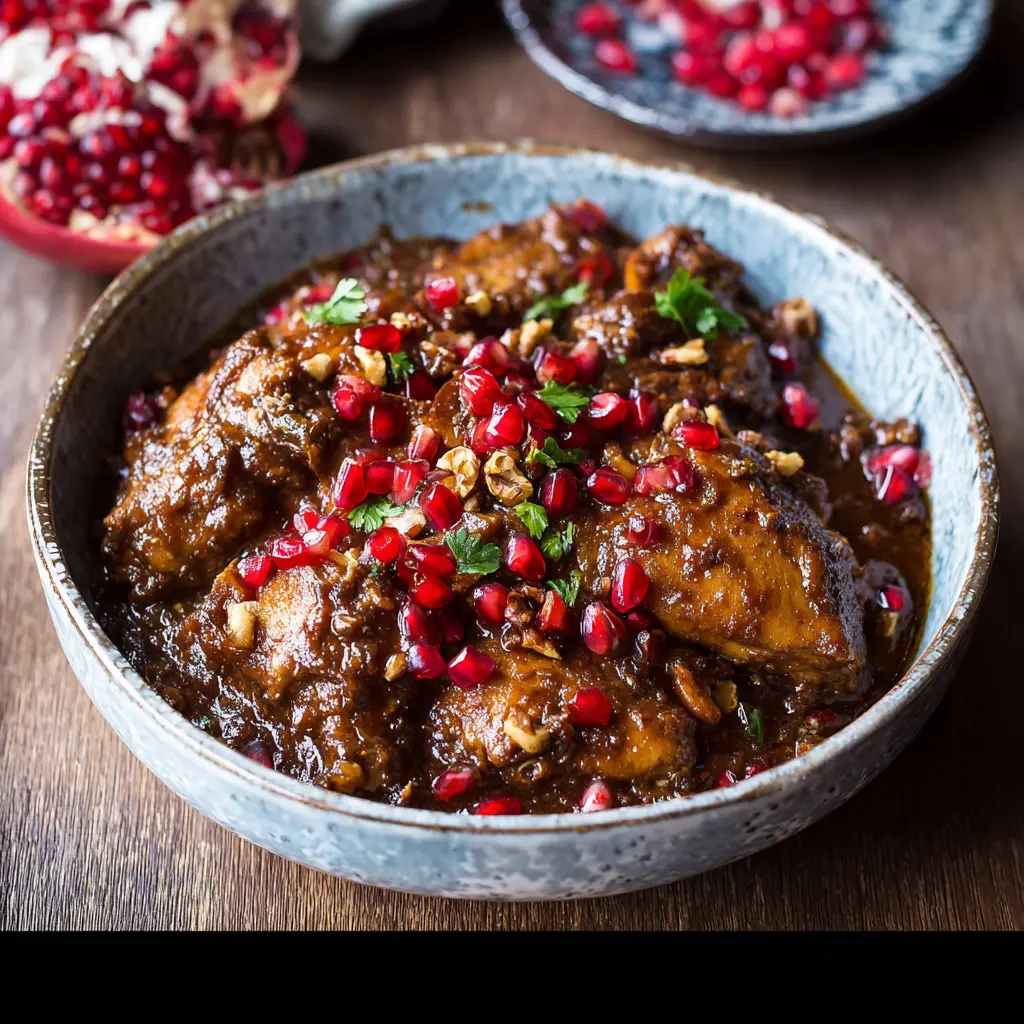 Persian Pomegranate Walnut Chicken Stew recipe, served and ready to eat, easy homemade dish