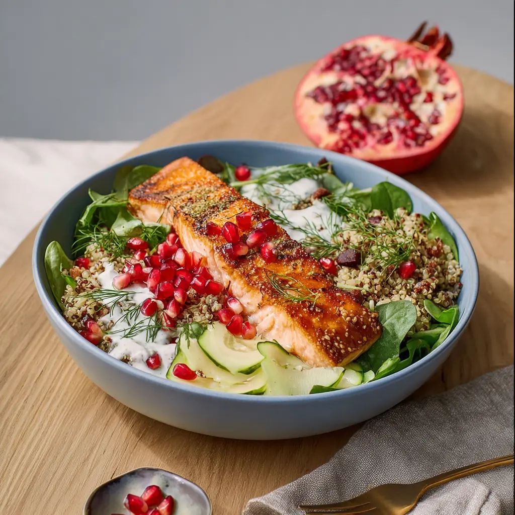 Pomegranate Salmon Grain Bowl Vibrant New Way to Make Your Best Dinner 1 Pomegranate Salmon Grain Bowl recipe, served and ready to eat, easy homemade dish