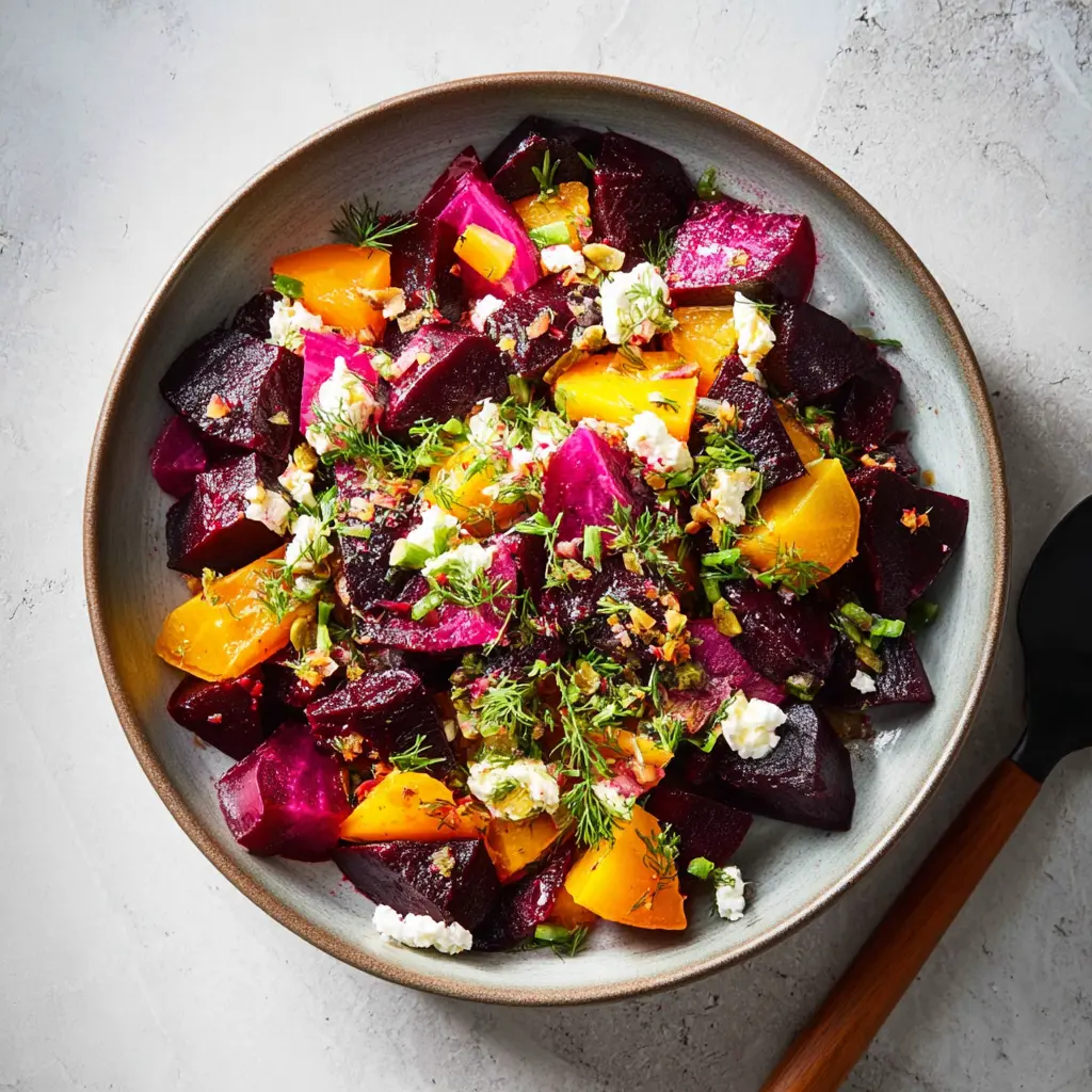 Roasted Beet Salad recipe, served and ready to eat, easy homemade dish