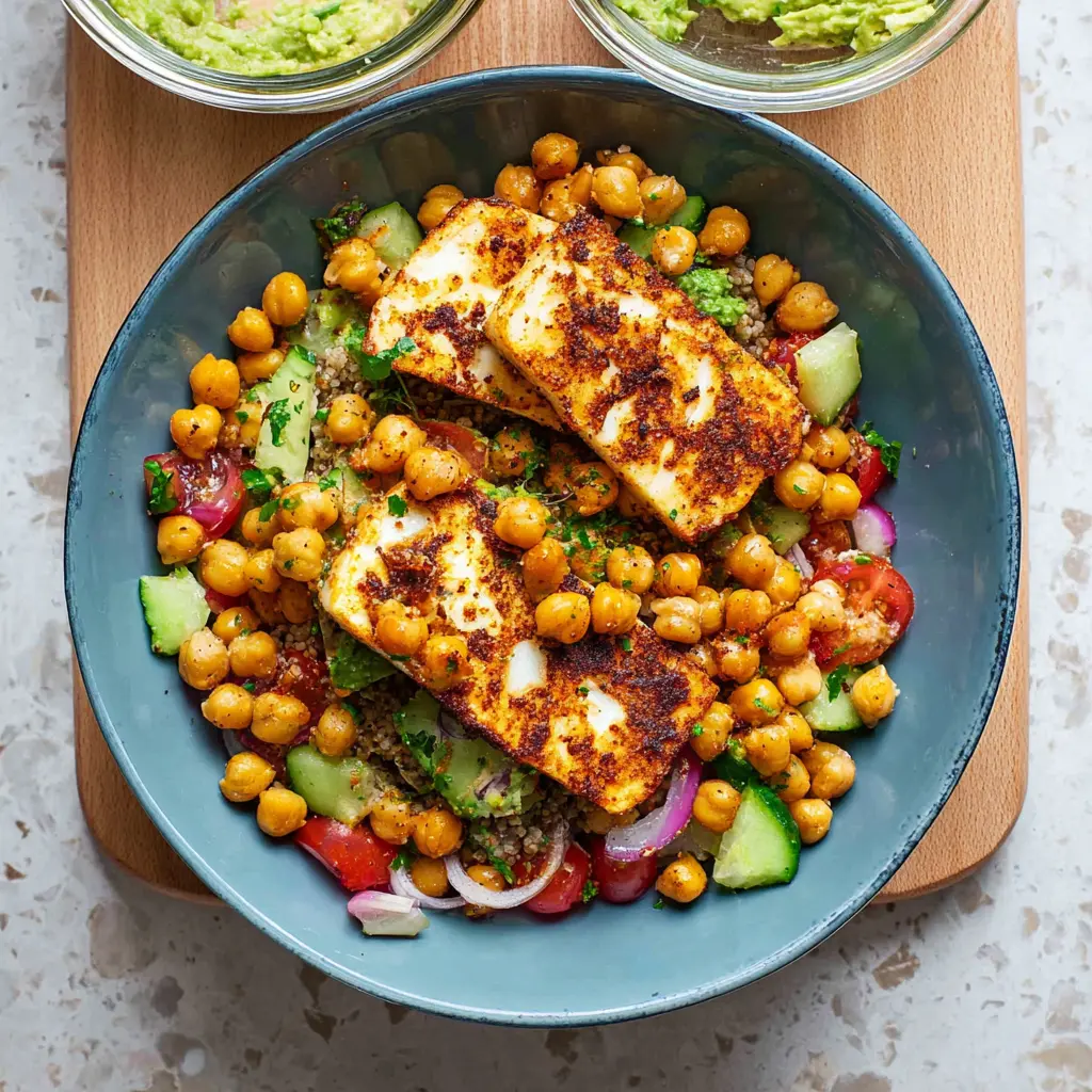 Roasted Halloumi Chickpea Bowl recipe, served and ready to eat, easy homemade dish