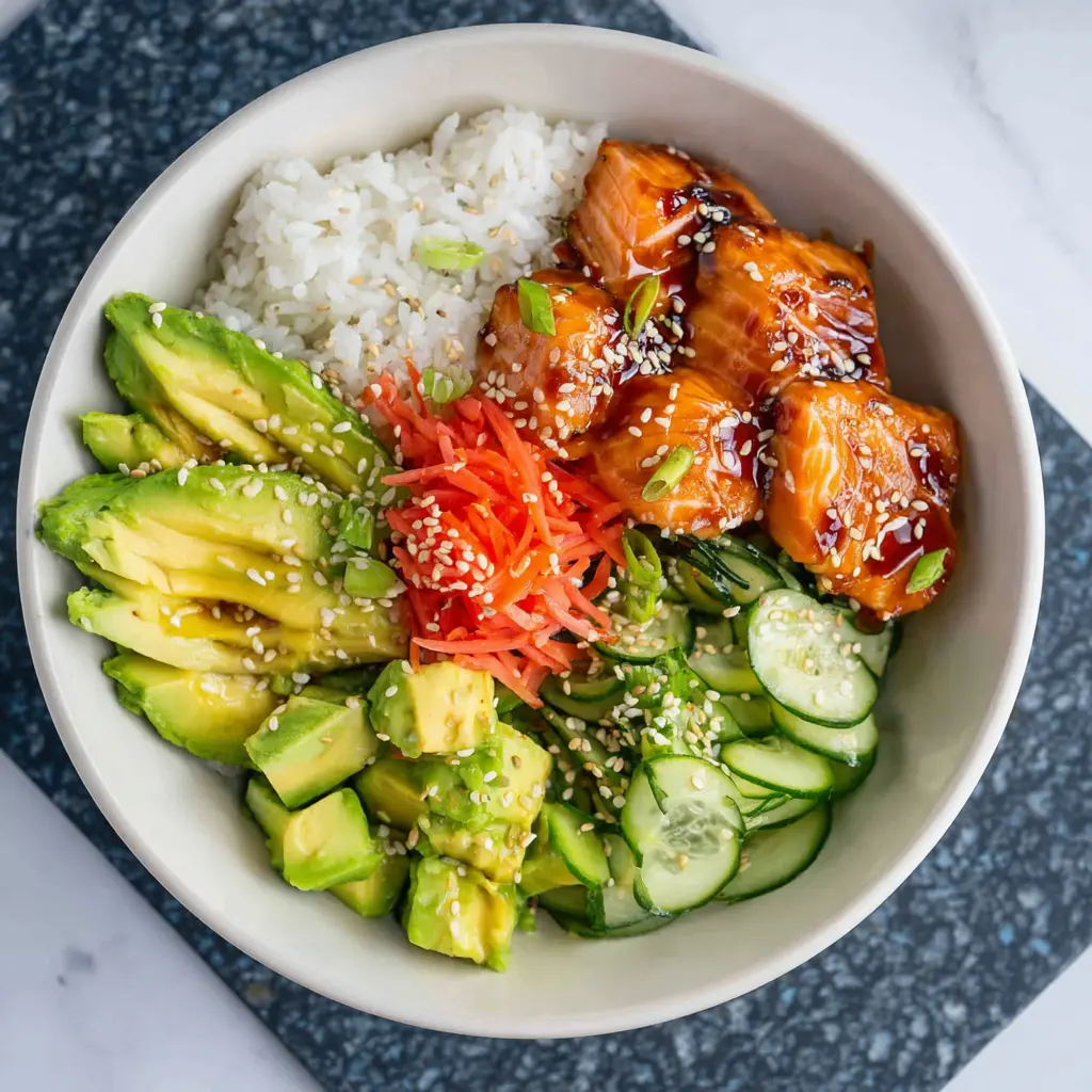 Salmon Avocado Poke Bowl recipe, served and ready to eat, easy homemade dish