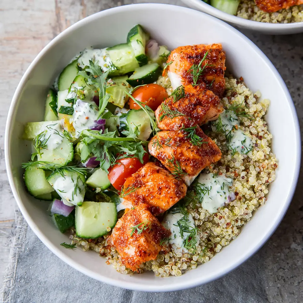 SALMON QUINOA BOWL recipe, served and ready to eat, easy homemade dish