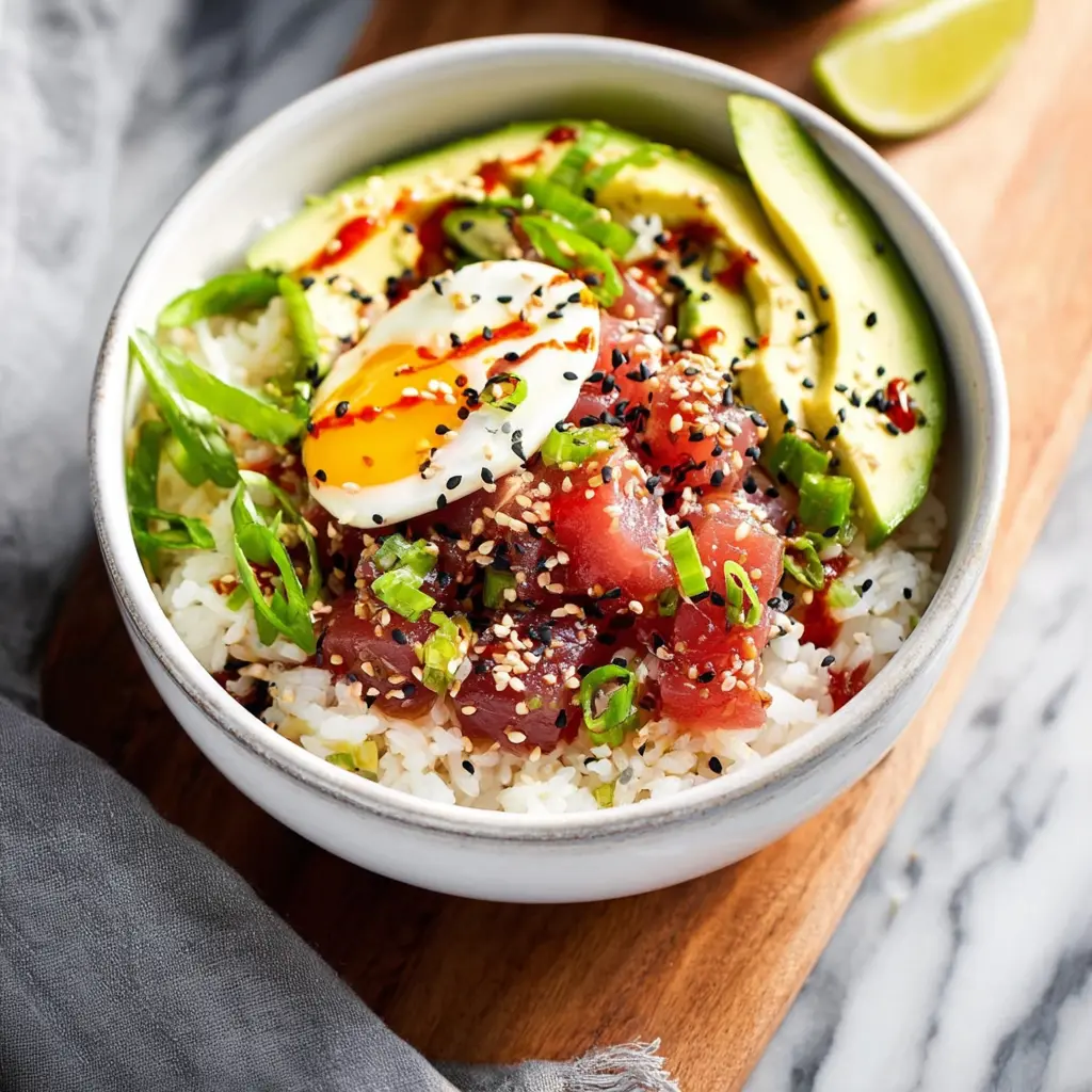 Sesame Tuna Rice Bowl recipe, served and ready to eat, easy homemade dish