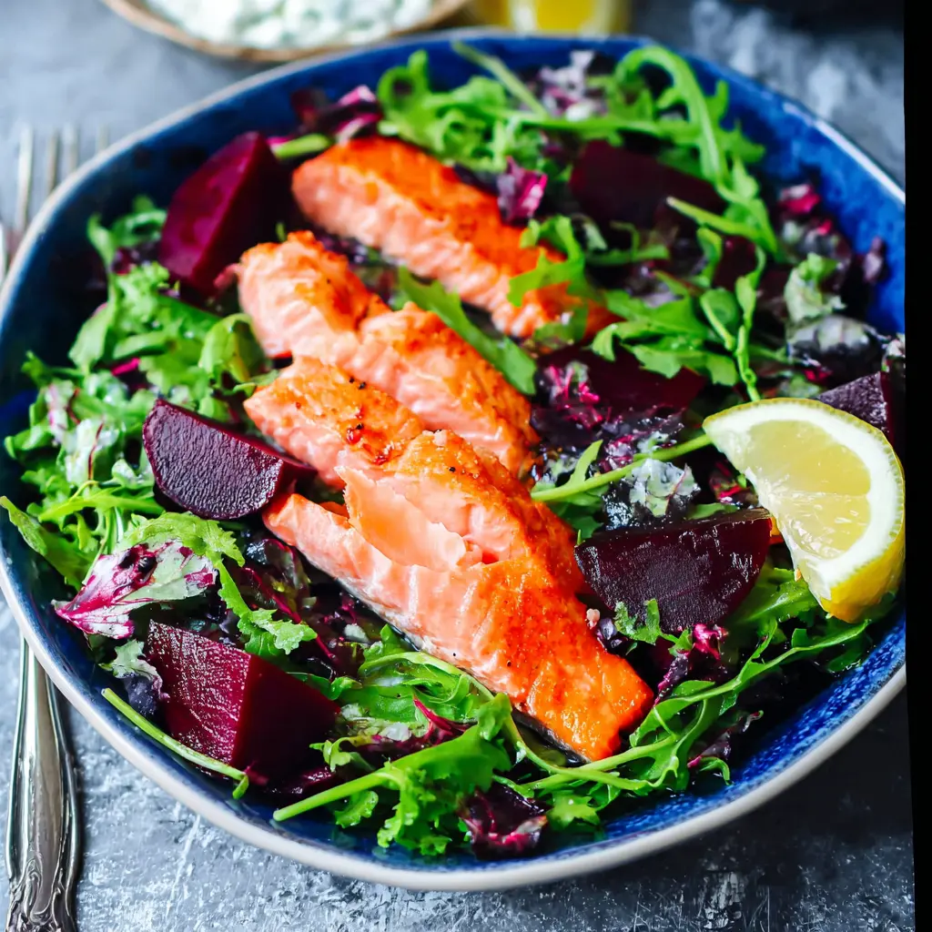 Smoked Salmon Beet Arugula Bowl Vibrant Fresh Way to Make Real Dinner 1 Smoky Salmon Beet Arugula Bowl recipe, served and ready to eat, easy homemade dish