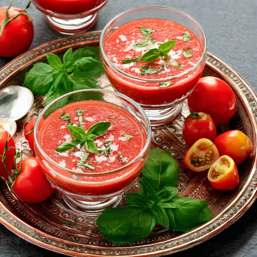 SUMMER GAZPACHO TOMATO BASIL recipe, served and ready to eat, easy homemade dish