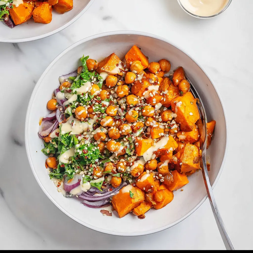Sweet Potato Chickpea Bowl recipe, served and ready to eat, easy homemade dish