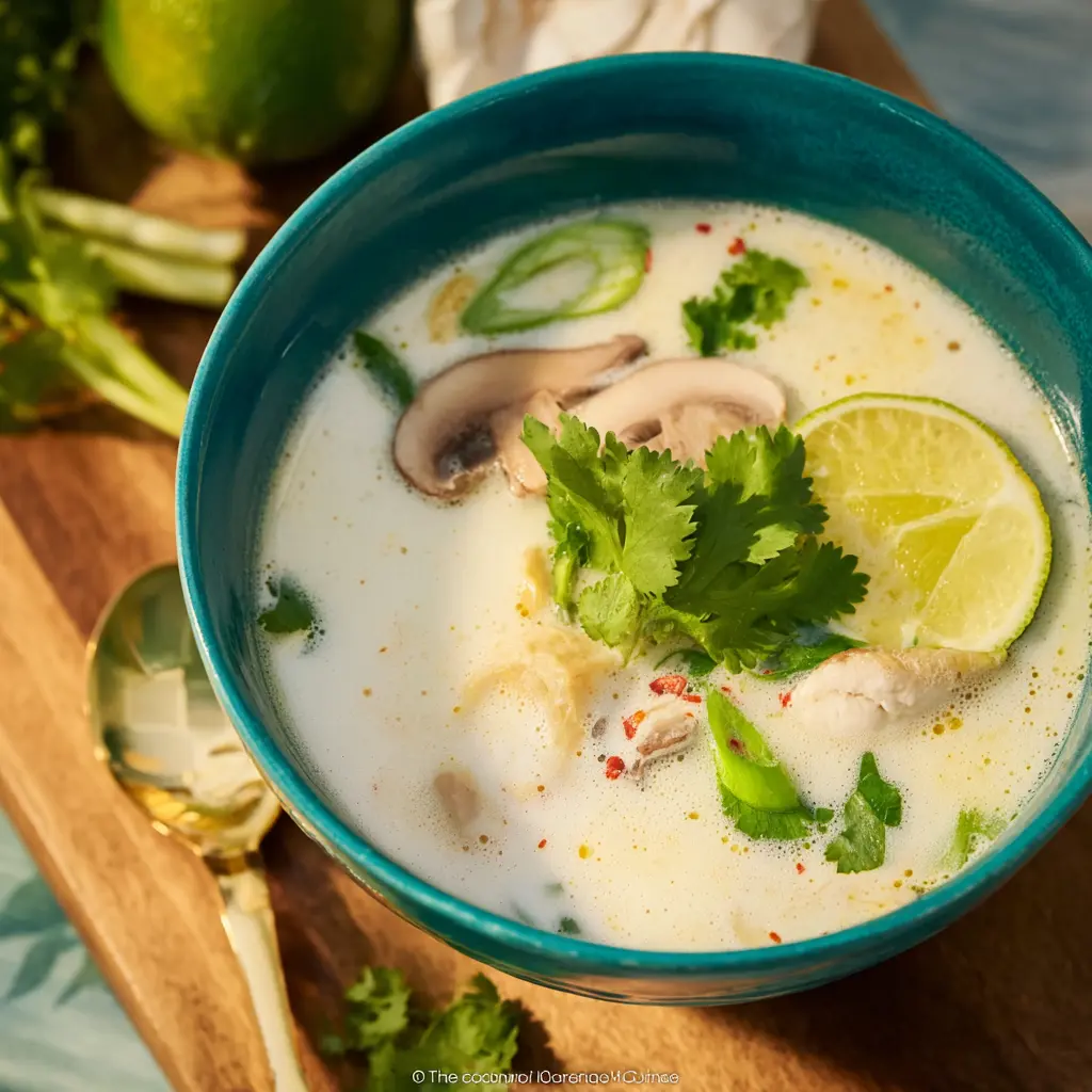 Thai Tom Kha Soup Galangal recipe, served and ready to eat, easy homemade dish