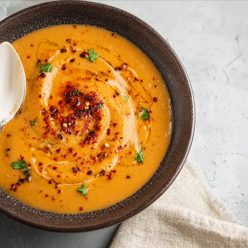 Turkish Red Lentil Soup Aleppo Pepper recipe, served and ready to eat, easy homemade dish