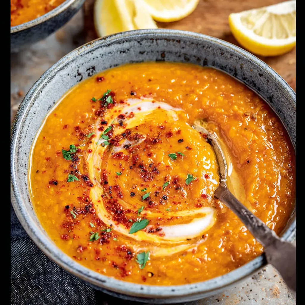 Turkish Red Lentil Soup Lemon recipe, served and ready to eat, easy homemade dish