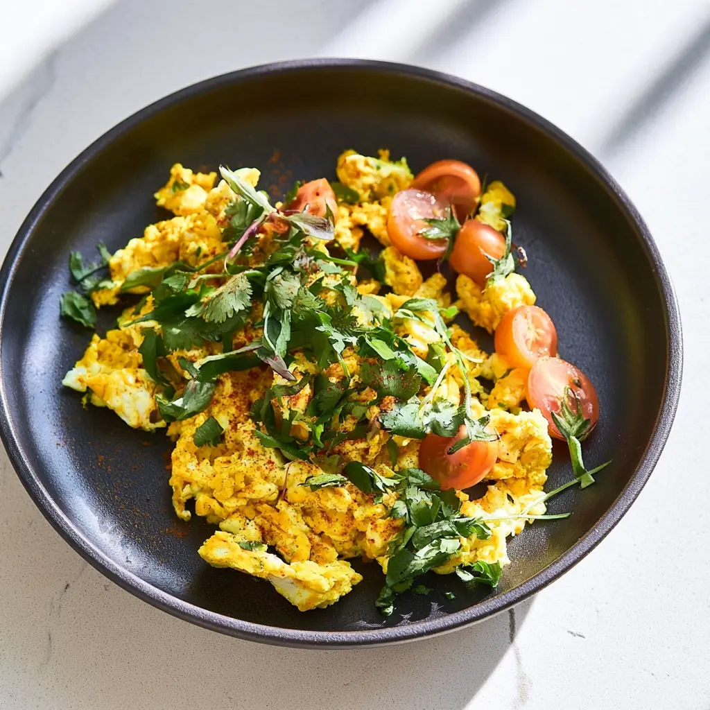Turmeric Egg White Scramble recipe, served and ready to eat, easy homemade dish