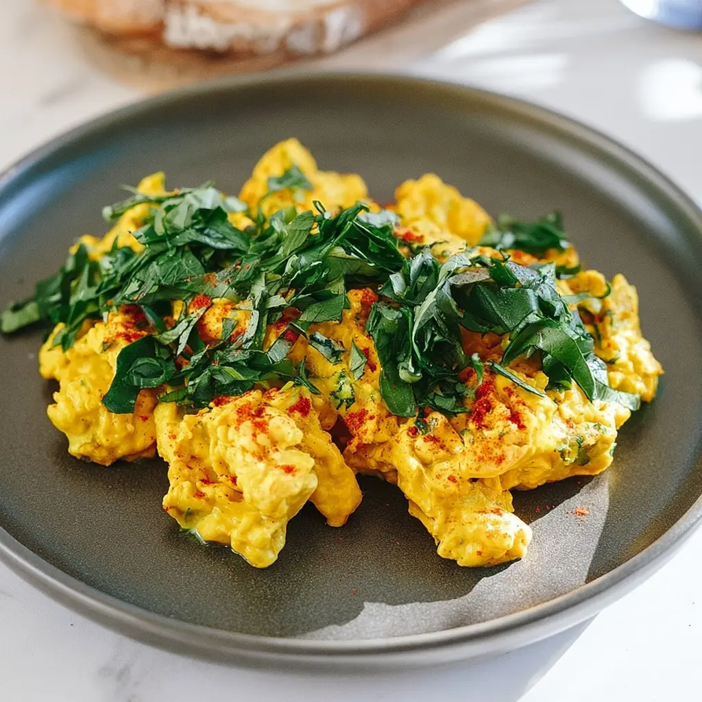Turmeric Scrambled Eggs recipe, served and ready to eat, easy homemade dish