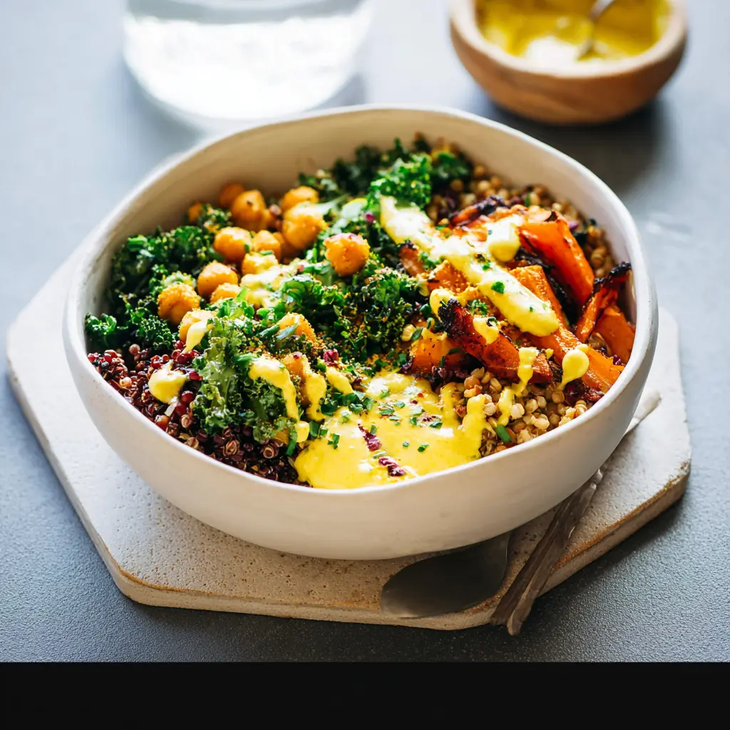 Turmeric Tahini Grain Bowl recipe, served and ready to eat, easy homemade dish