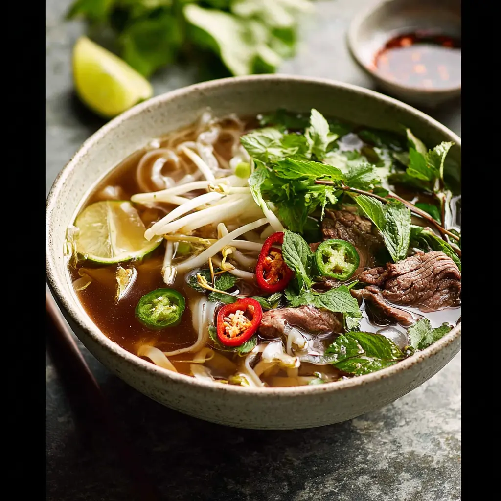 Vietnamese Pho Anti-Inflammatory Bone Broth recipe, served and ready to eat, easy homemade dish