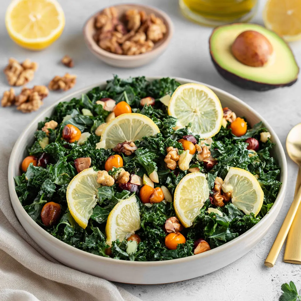 Anti-Inflammatory Walnut Kale Salad Your New Favorite Vibrant Fresh Bowl 1 Walnut Kale Salad recipe, served and ready to eat, easy homemade dish