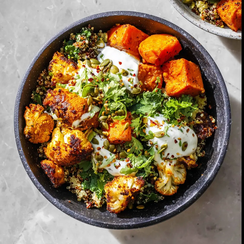 Anti-Inflammatory Cauliflower Sweet Potato Bowl served and ready to eat