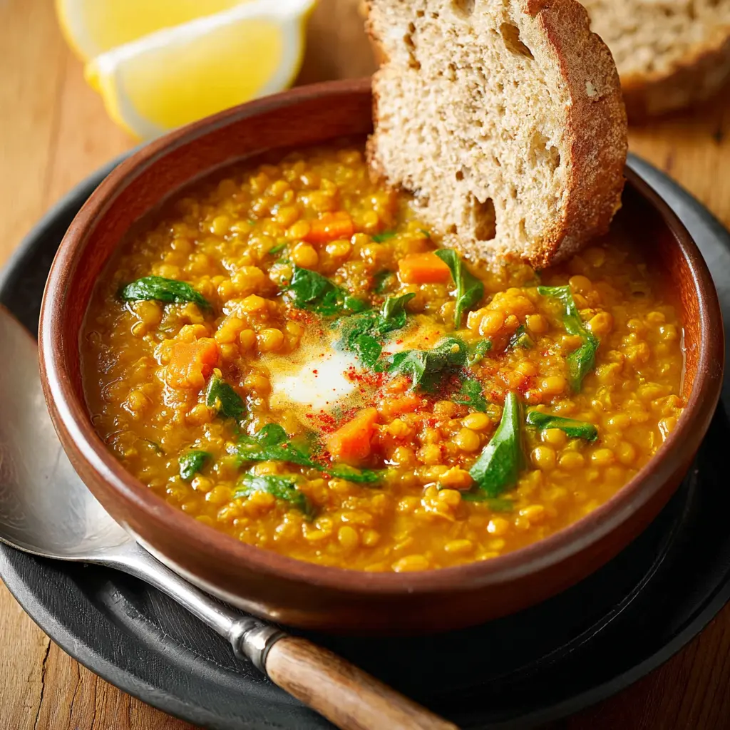 Anti-Inflammatory Lentil Soup with Turmeric, served in a bowl and ready to eat