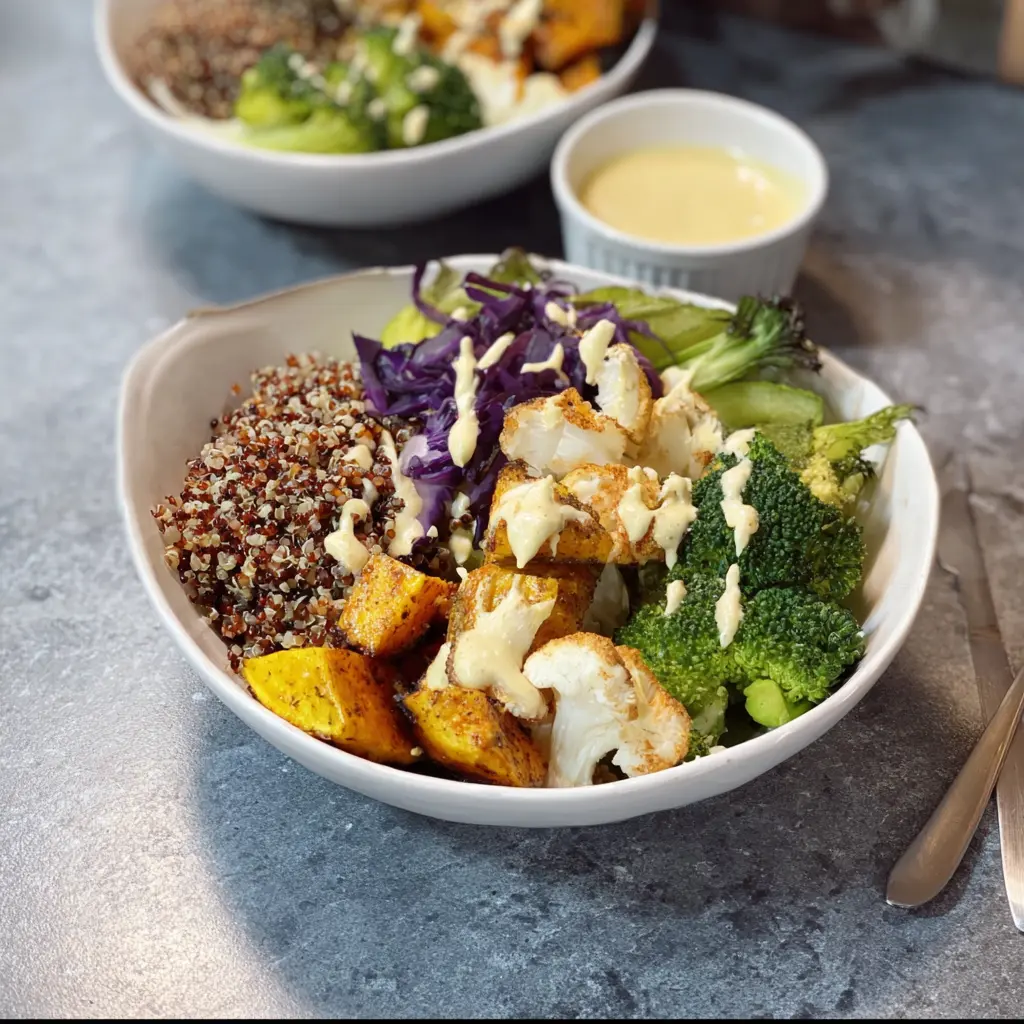 Anti-Inflammatory Quinoa Bowl with Tahini Dressing, served and ready to eat, easy homemade dish