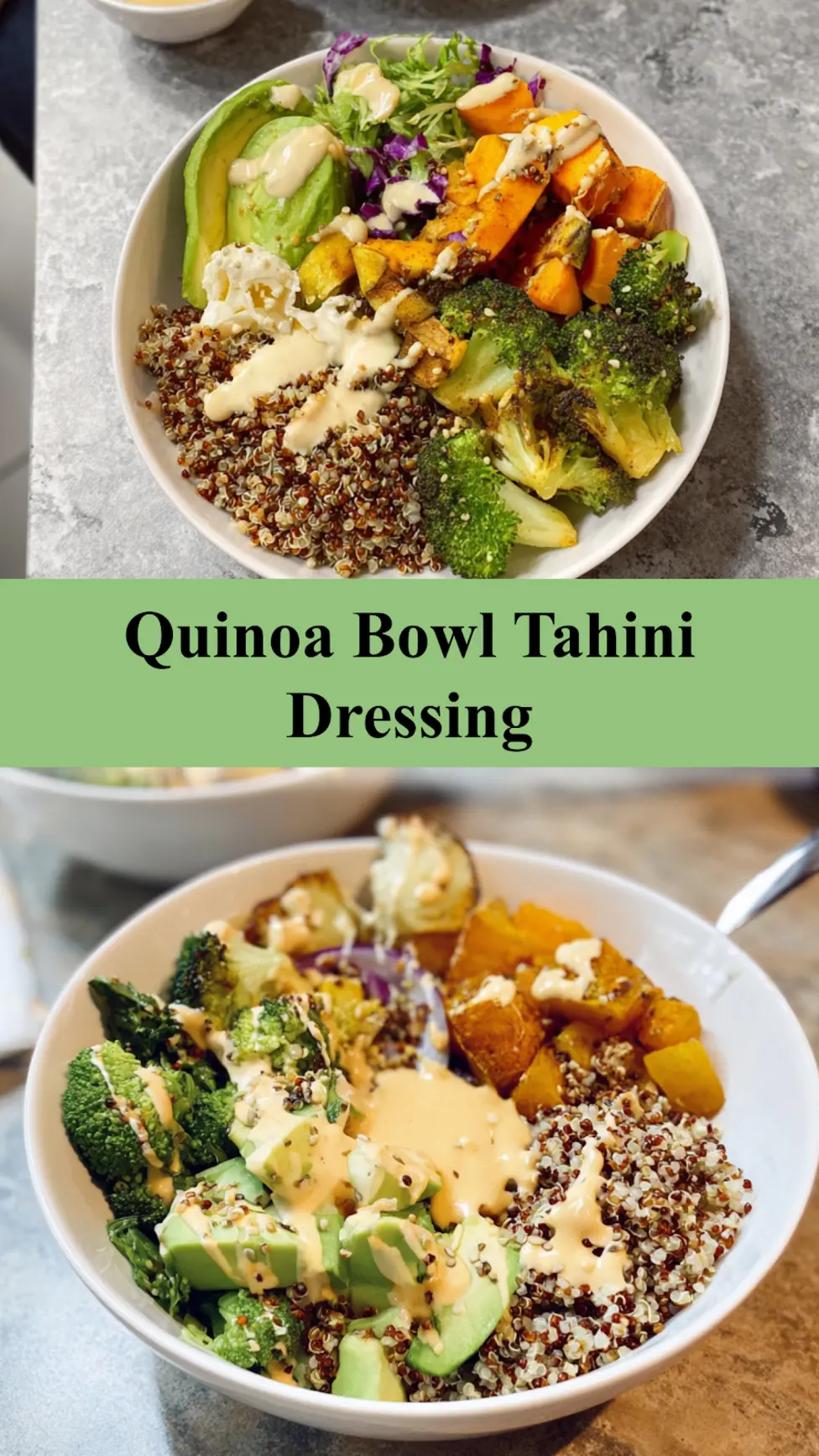 Anti-Inflammatory Quinoa Bowl with Tahini Dressing, served and ready to eat, easy homemade dish