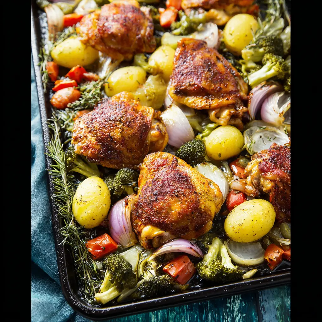 Anti-Inflammatory Sheet Pan Chicken Thighs recipe, served and ready to eat, easy homemade dish