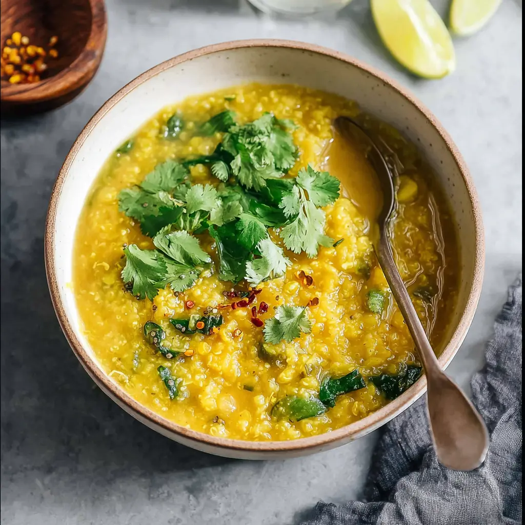 Ayurvedic Kitchari Healing Soup recipe, served and ready to eat, easy homemade dish