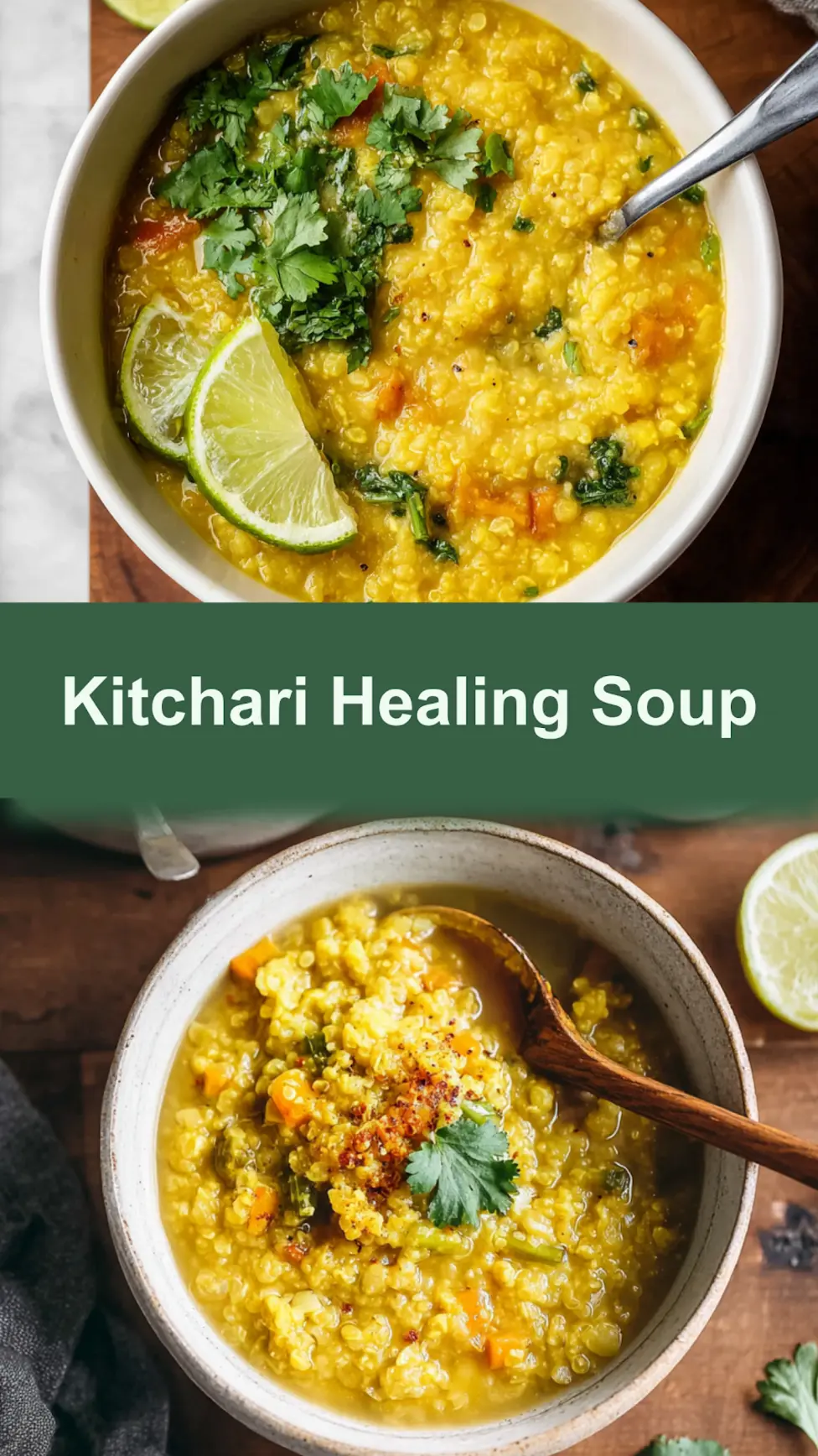 Ayurvedic Kitchari Healing Soup recipe, served and ready to eat, easy homemade dish_pin