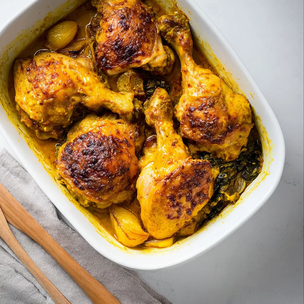 Baked Turmeric Chicken served in a roasting dish, golden skin with roasted vegetables